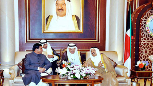 Amir of Kuwait greets PM Ashraf on his arrival as a special gesture