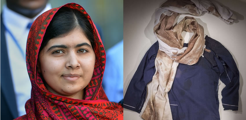 Malala blood-spattered school uniform displayed First Time